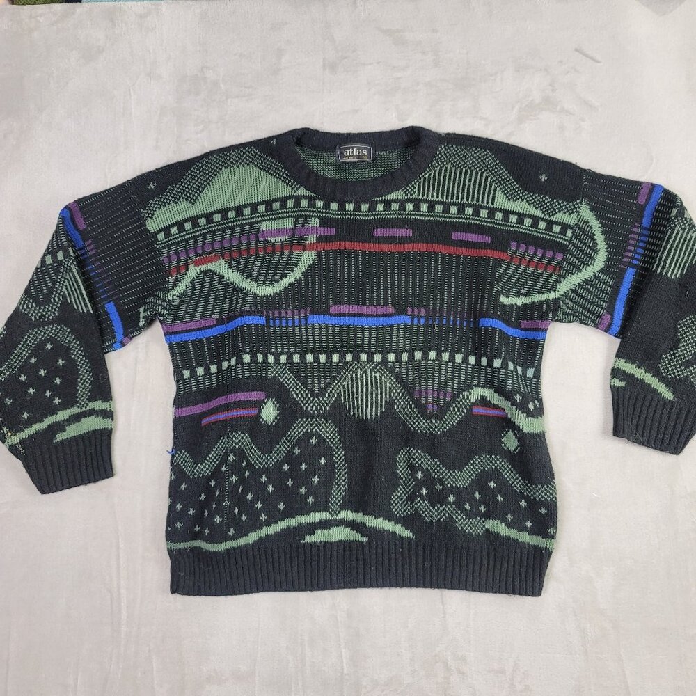Atlas Vintage Black & Green Retro Textured Striped Men's Sweater | Size XL